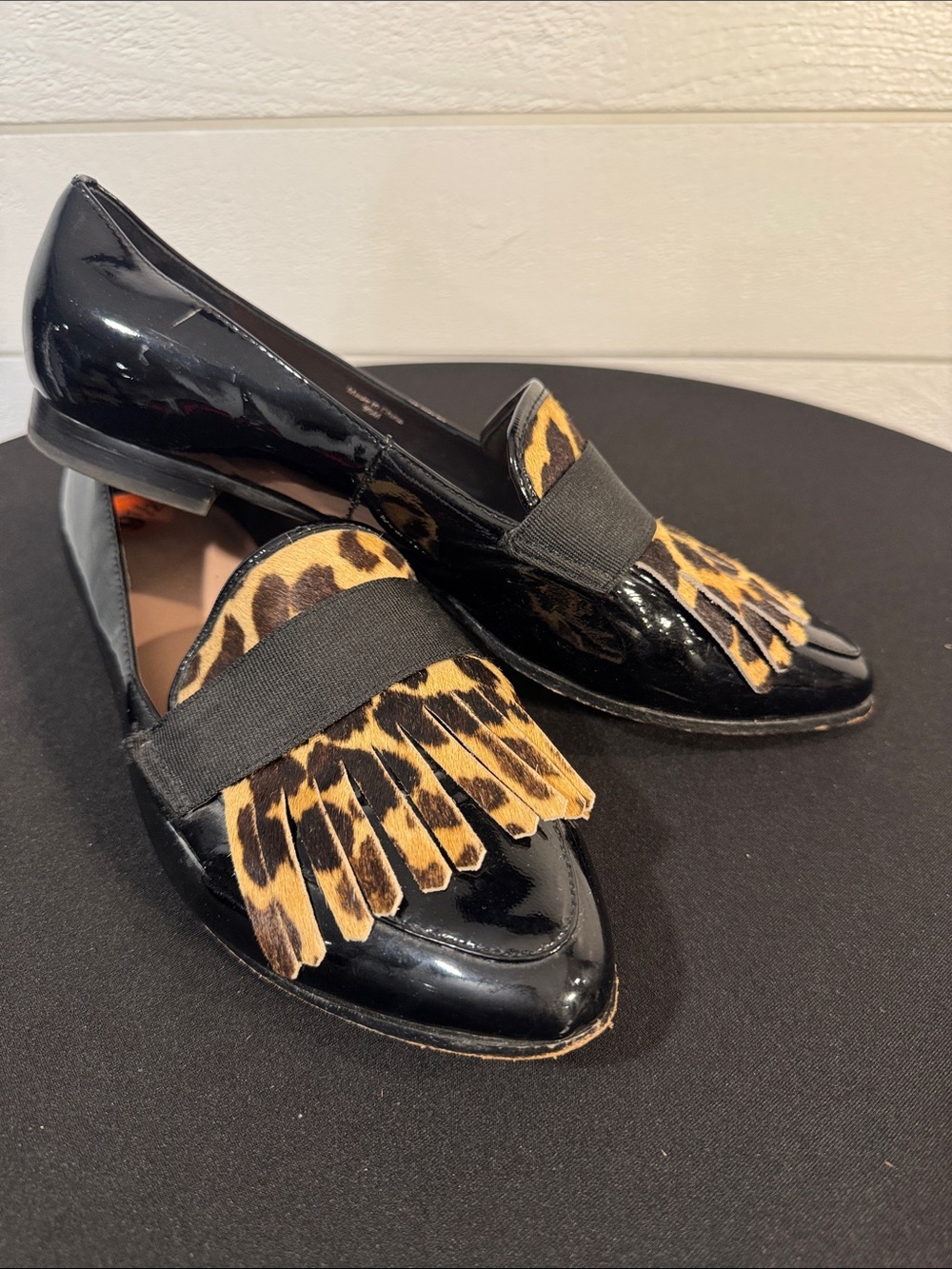 Kate Spade Black Patent Loafers with Leopard Fringe- 9 1/2